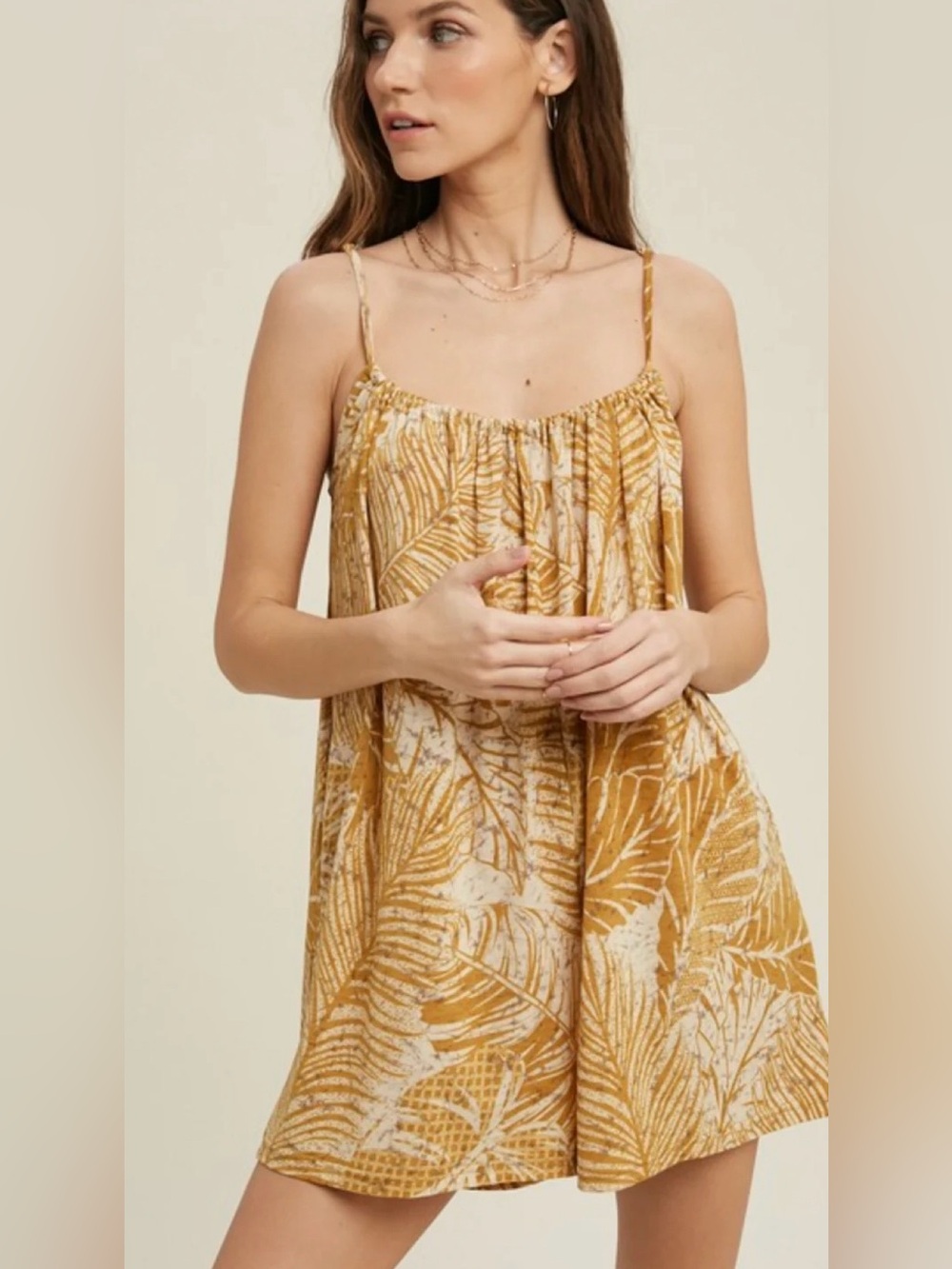 NWT Tropical Print Spaghetti Strap Romper in Mustard & Cream